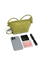 Capacity guide for the small woven vegan leather crossbody bag, perfectly fitting a smartphone, lipstick, powder, and daily makeup essentials.