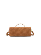 Clean back view of the tan woven vegan leather handbag, highlighting the seamless artisan flat weave craftsmanship.