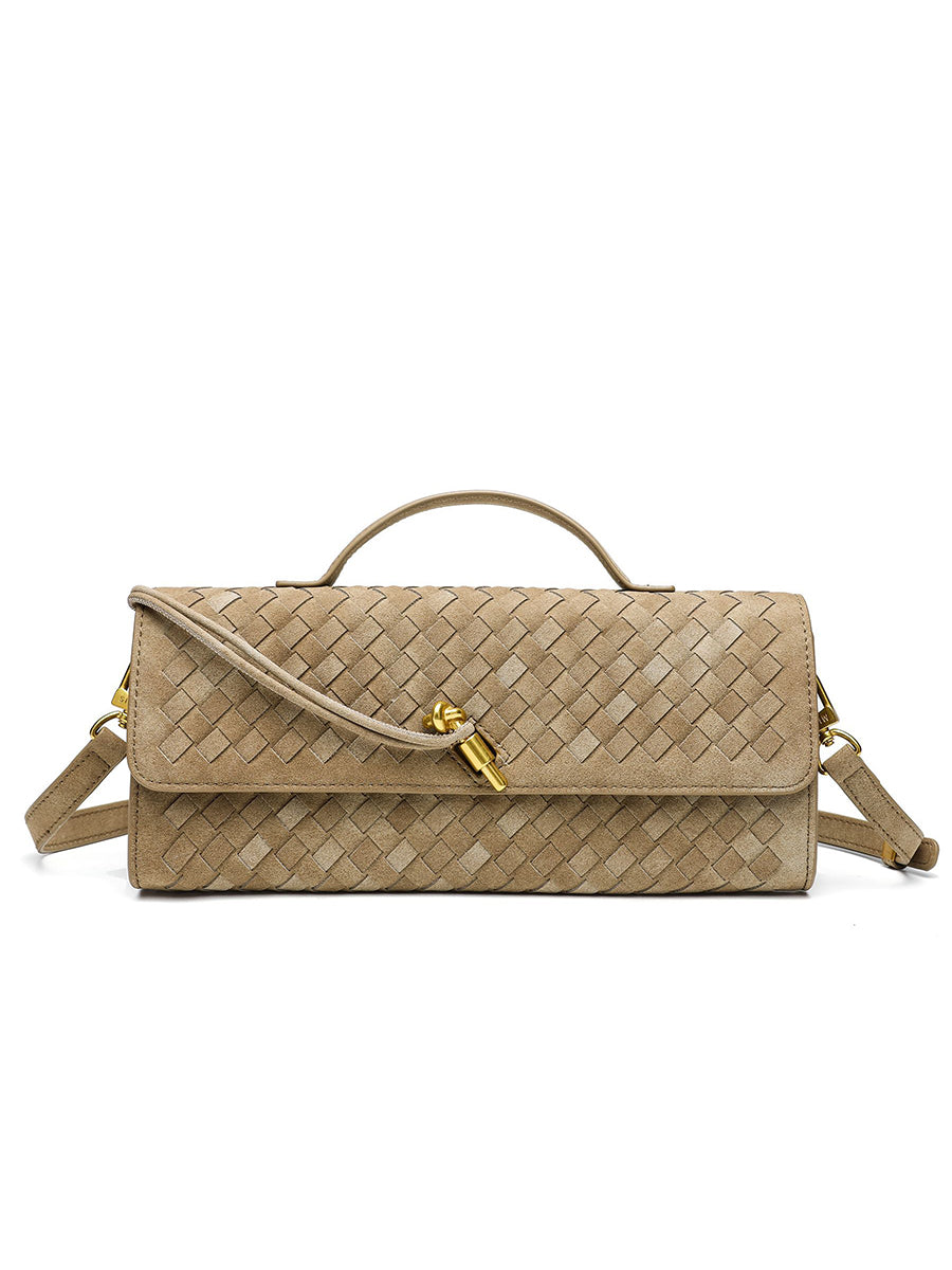 Chic taupe khaki woven vegan leather handbag blending vintage baguette charm with modern quiet luxury aesthetics.