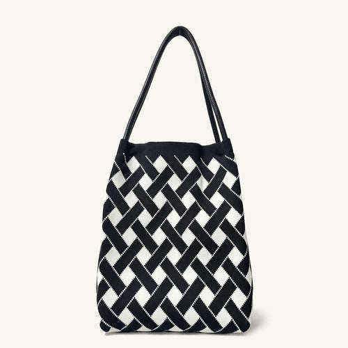 Black and white checkerboard knit tote bag, front view