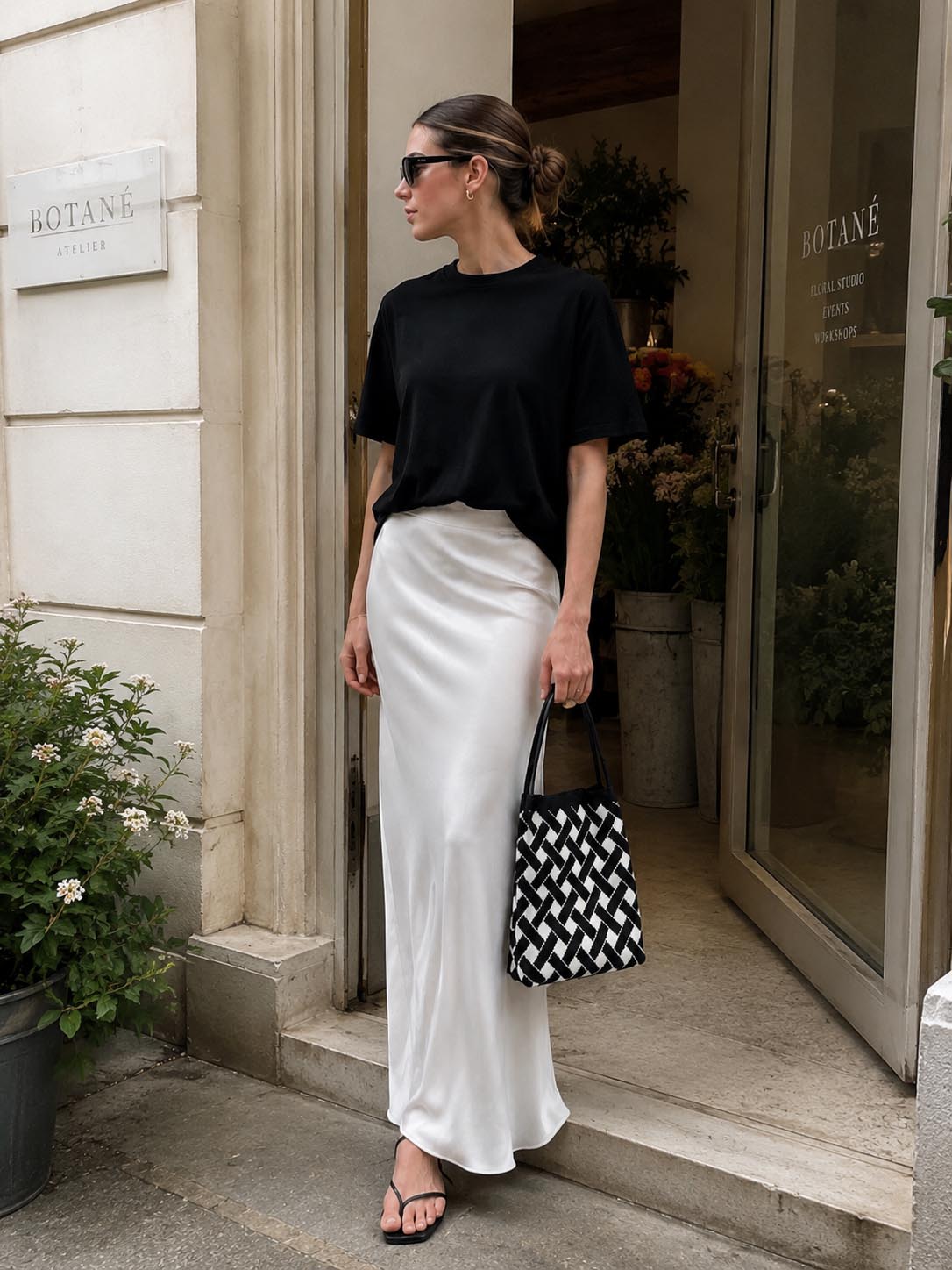 Woman carrying a black and white checkerboard knit tote bag near a flower shop