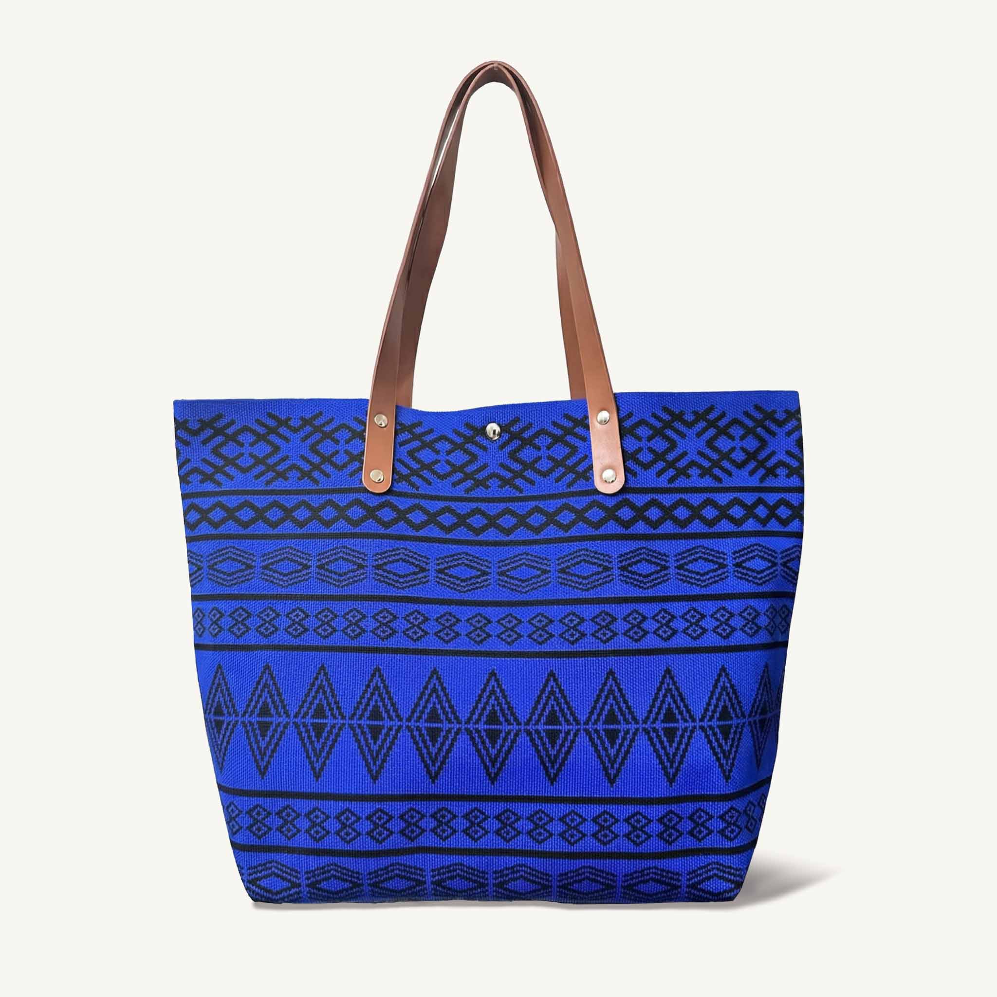 Blue bohemian patterned knit tote bag, front view