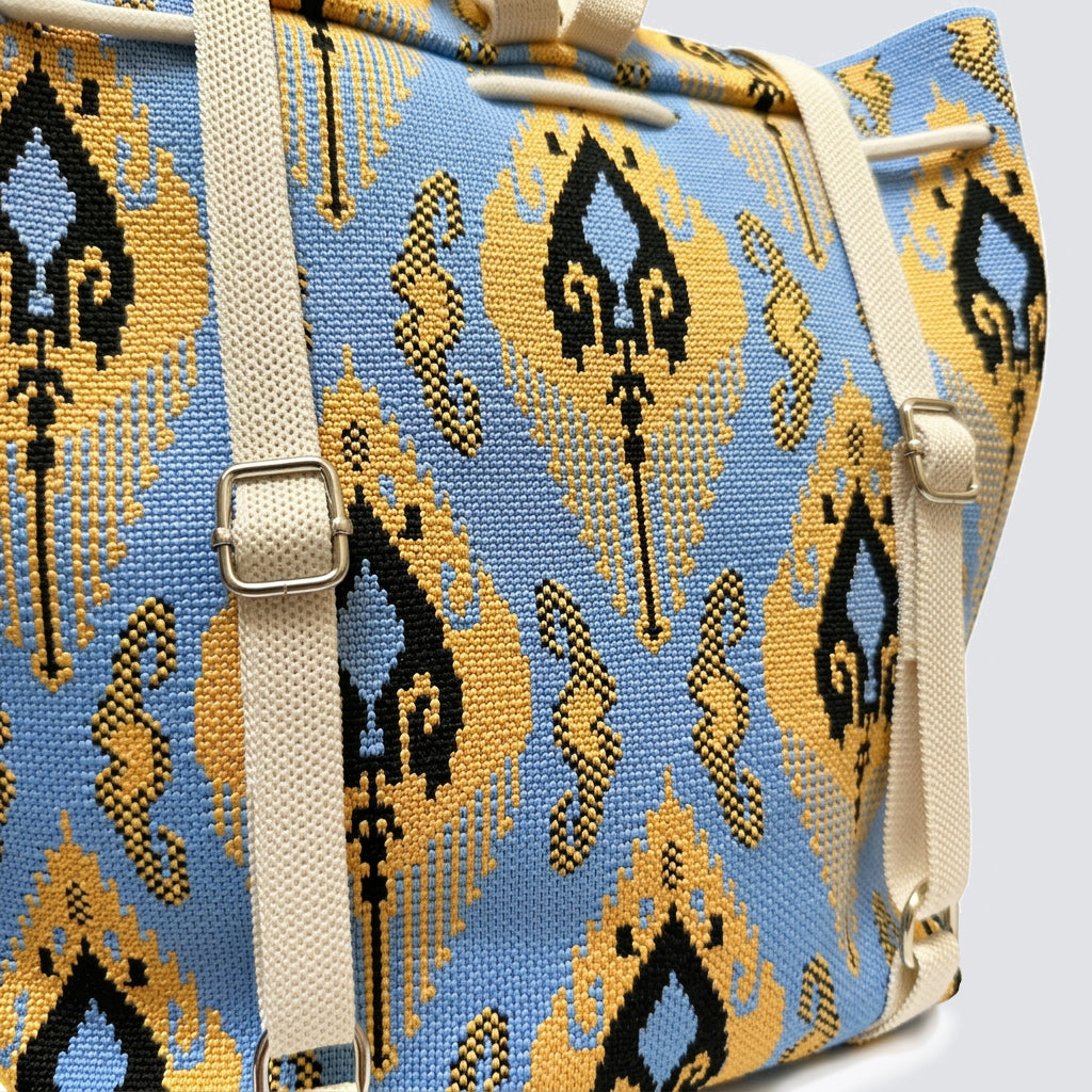 Close-up of the blue and gold bohemian knit pattern on a backpack