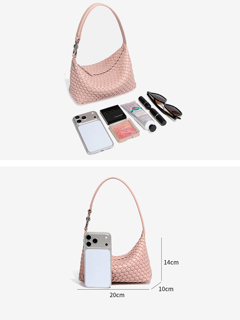 Blush pink woven vegan leather shoulder bag capacity and size with dimensions