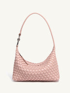Blush pink woven vegan leather shoulder bag front view