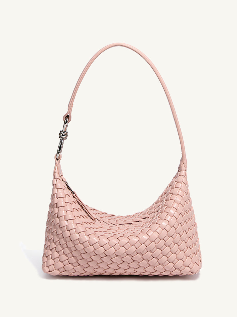 Blush pink woven vegan leather shoulder bag front view
