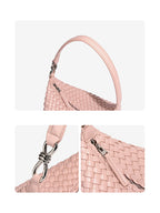 Blush pink woven vegan leather shoulder bag metal hardware and zipper detail