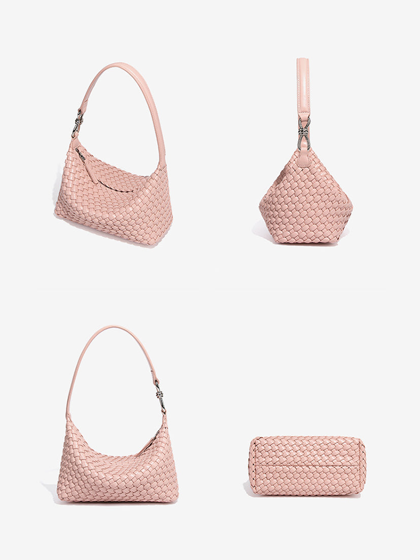 Blush pink woven vegan leather shoulder bag shown from multiple views
