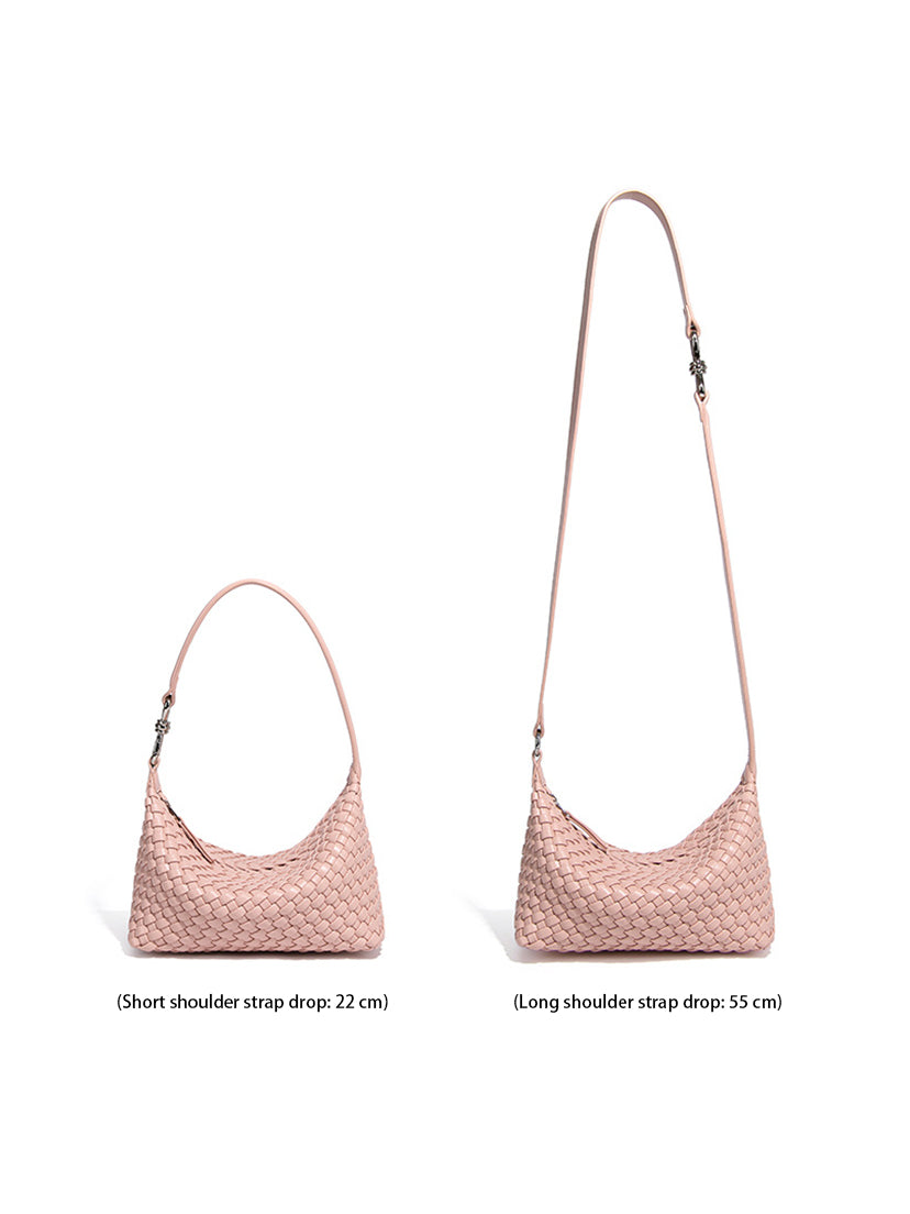 Blush pink woven vegan leather shoulder bag with short and long shoulder strap options