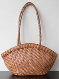 Brown handwoven genuine leather tote bag front view