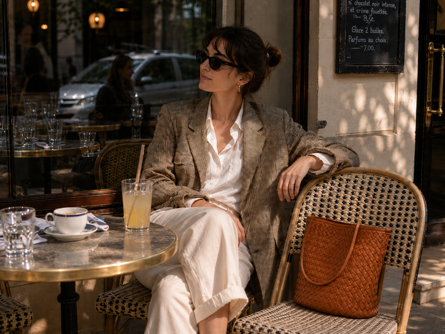 Woman seated at a cafe with a cognac woven tote bag in a relaxed everyday scene