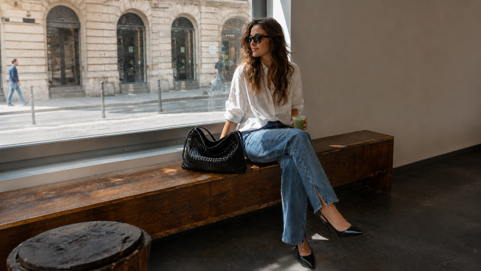 Woman seated by a window with a black woven slouchy bag in a relaxed contact page scene