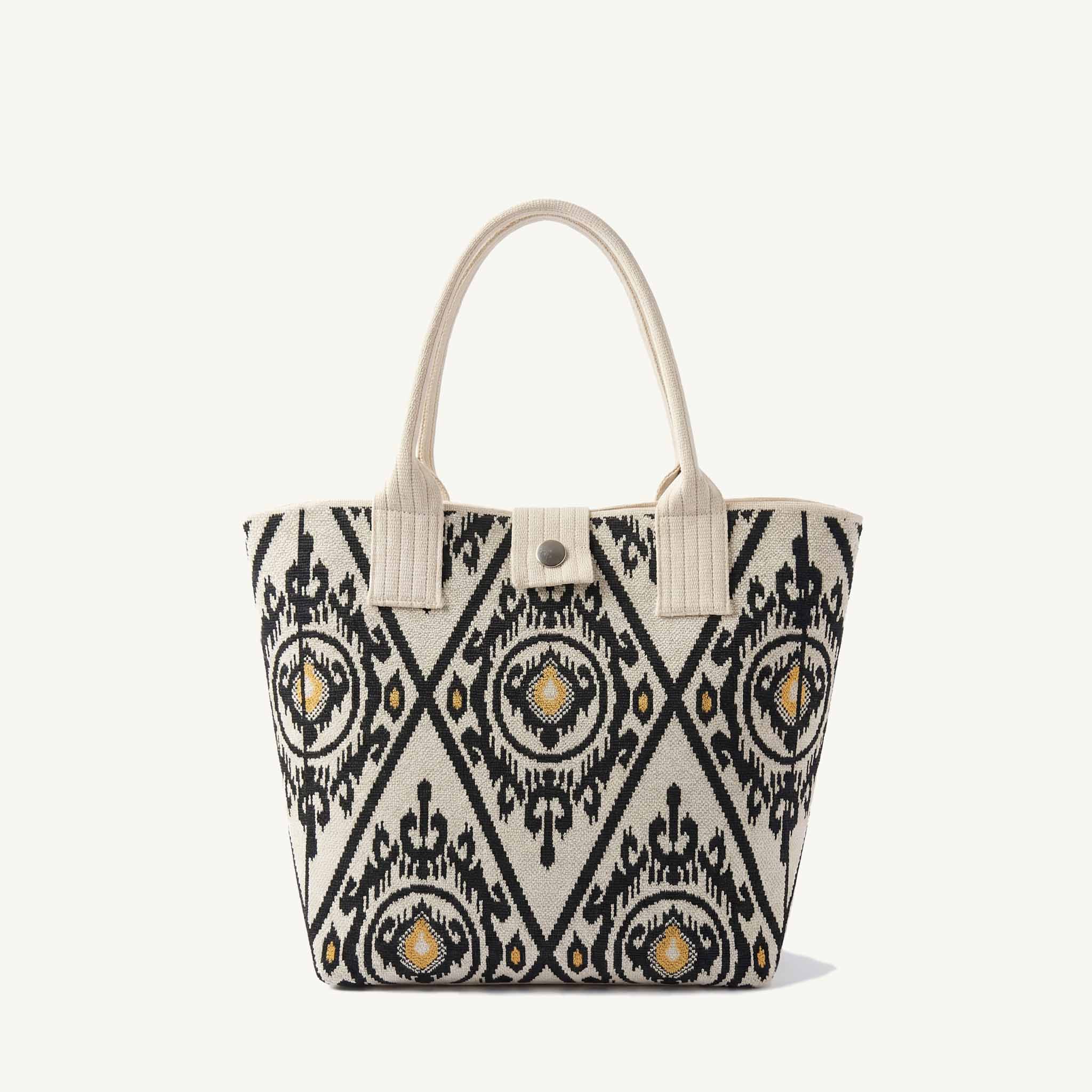 Cream and black ikat knit tote bag, front view