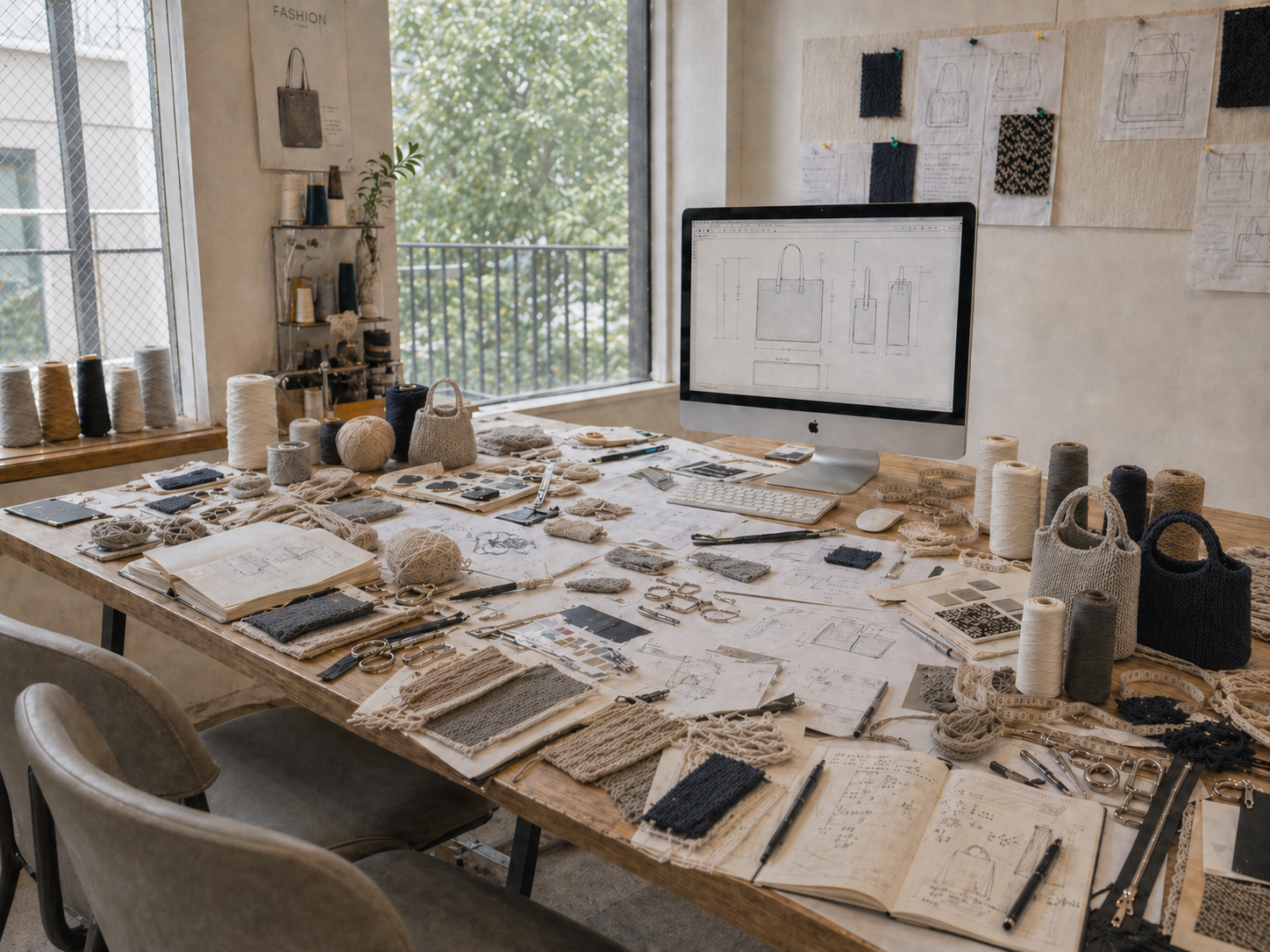 Studio desk with textured bags, yarn, and design notes for custom product requests