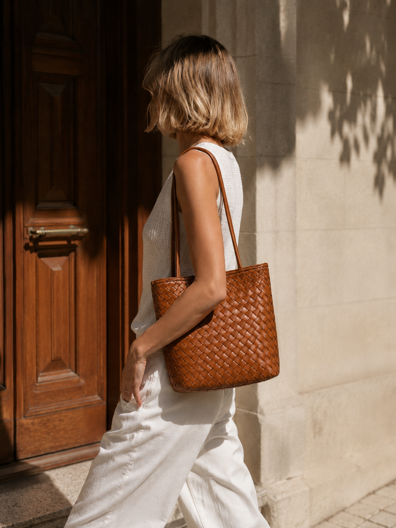 Woman carrying a cognac woven everyday tote bag in a relaxed street style scene