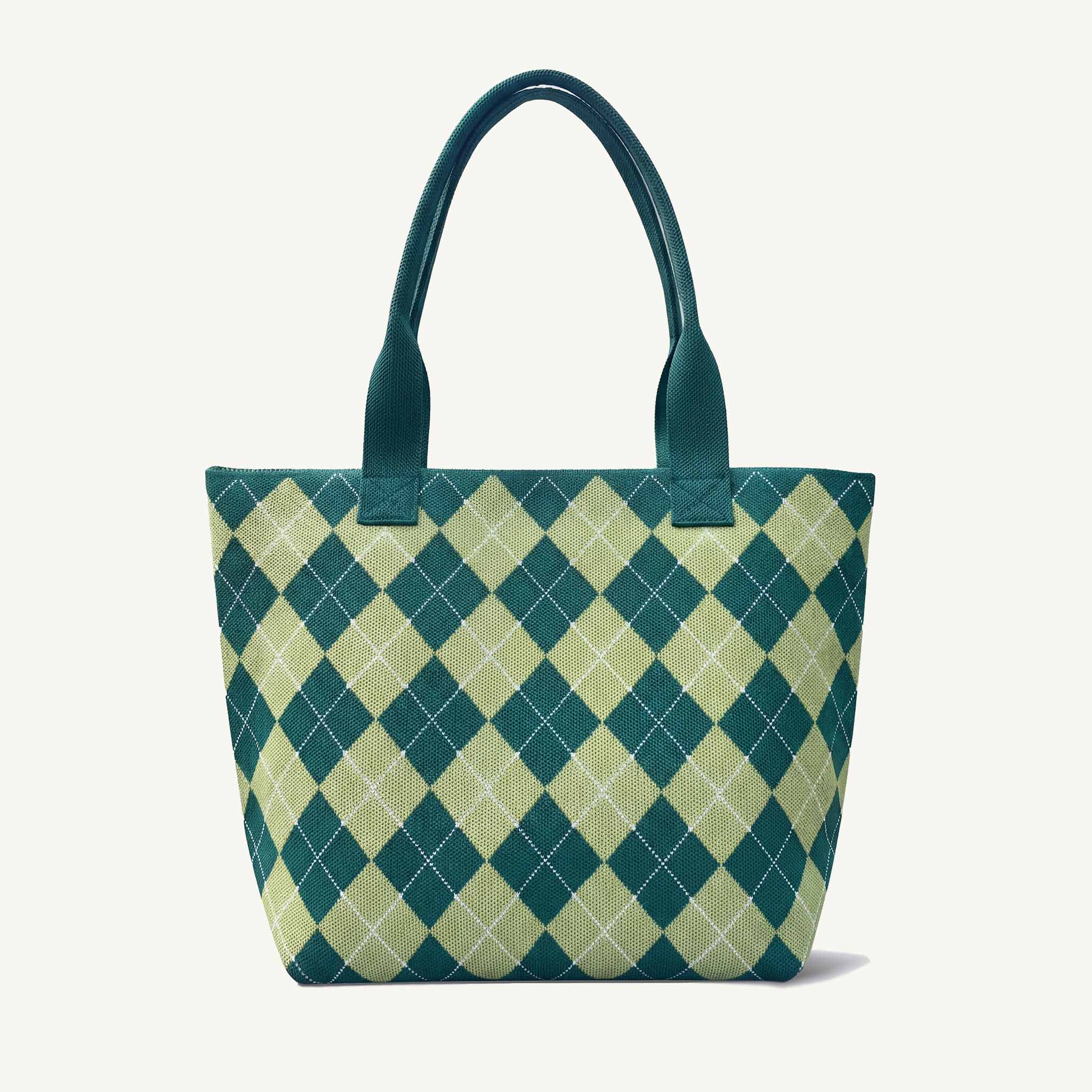 Green argyle knit tote bag with matching handles, front view