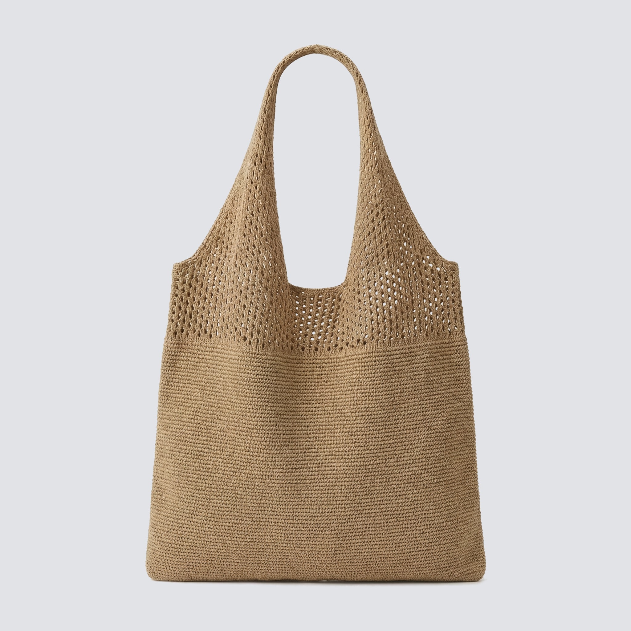 Khaki striped slouchy knit beach bag on a simple product background