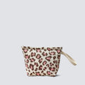 Leopard print knit mini pouch and makeup bag with wrist strap on a simple product background