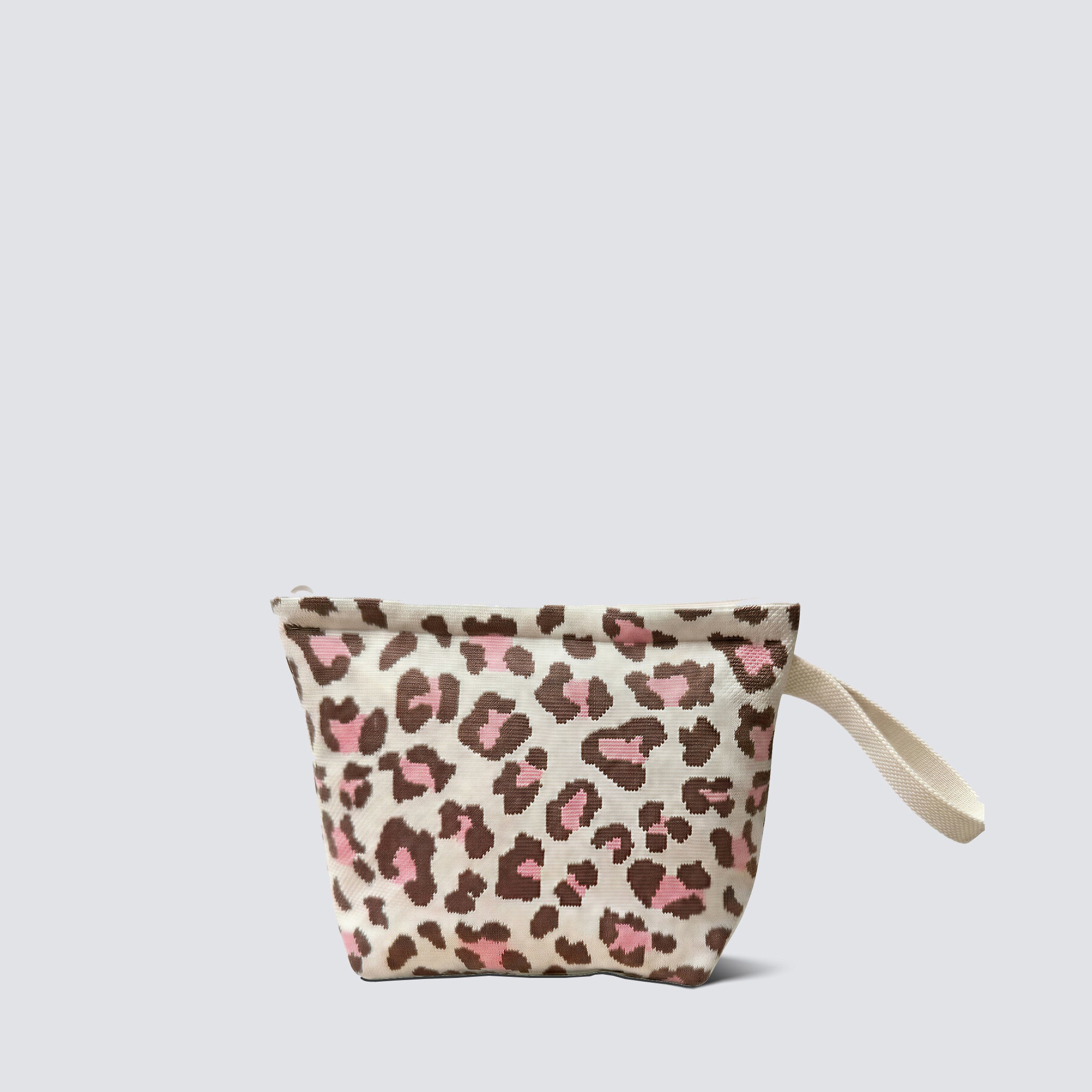 Leopard print knit mini pouch and makeup bag with wrist strap on a simple product background