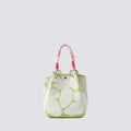 Light green patterned knit mini tote bag with pink braided handles on a simple product background