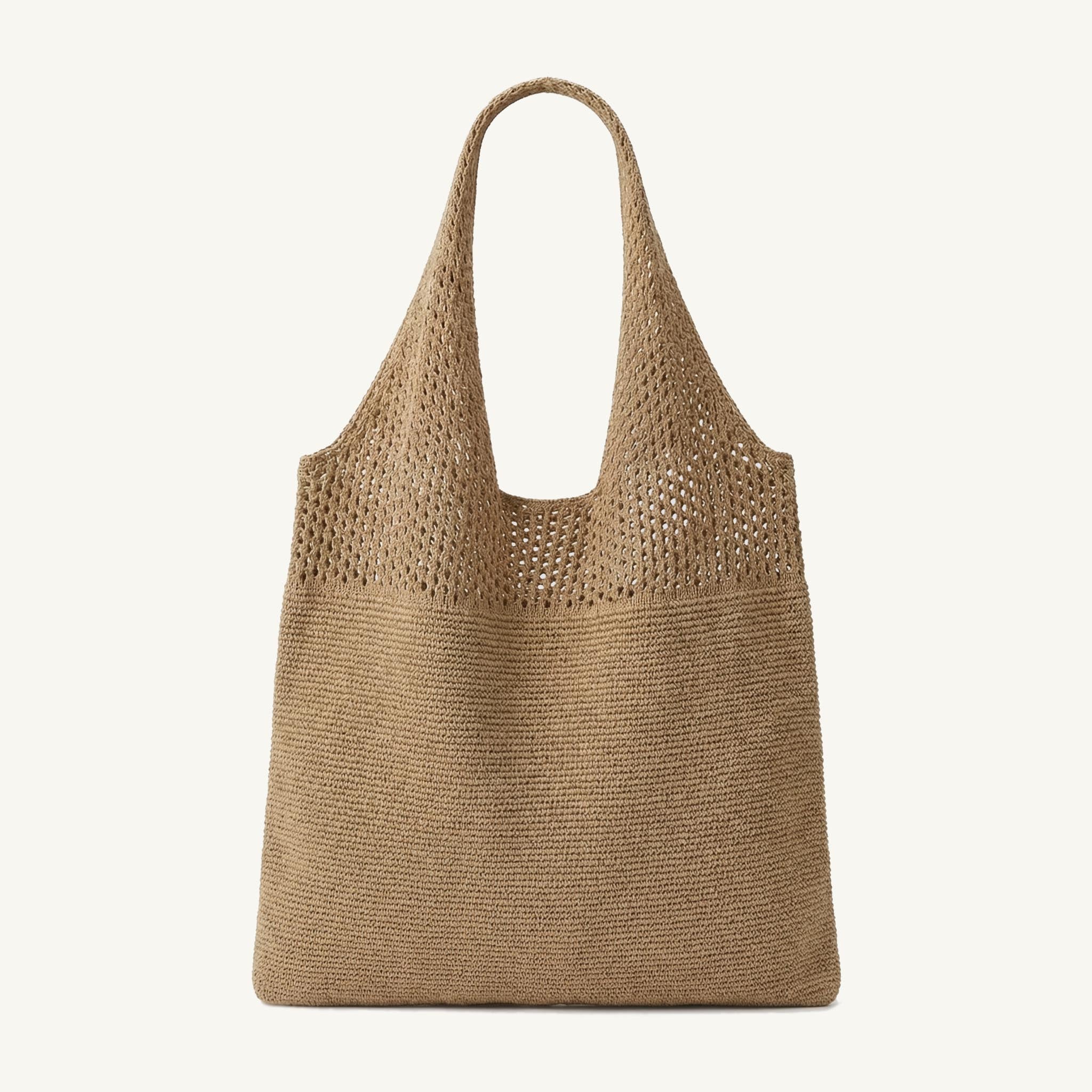 Khaki striped slouchy knit beach bag with open weave texture, front view