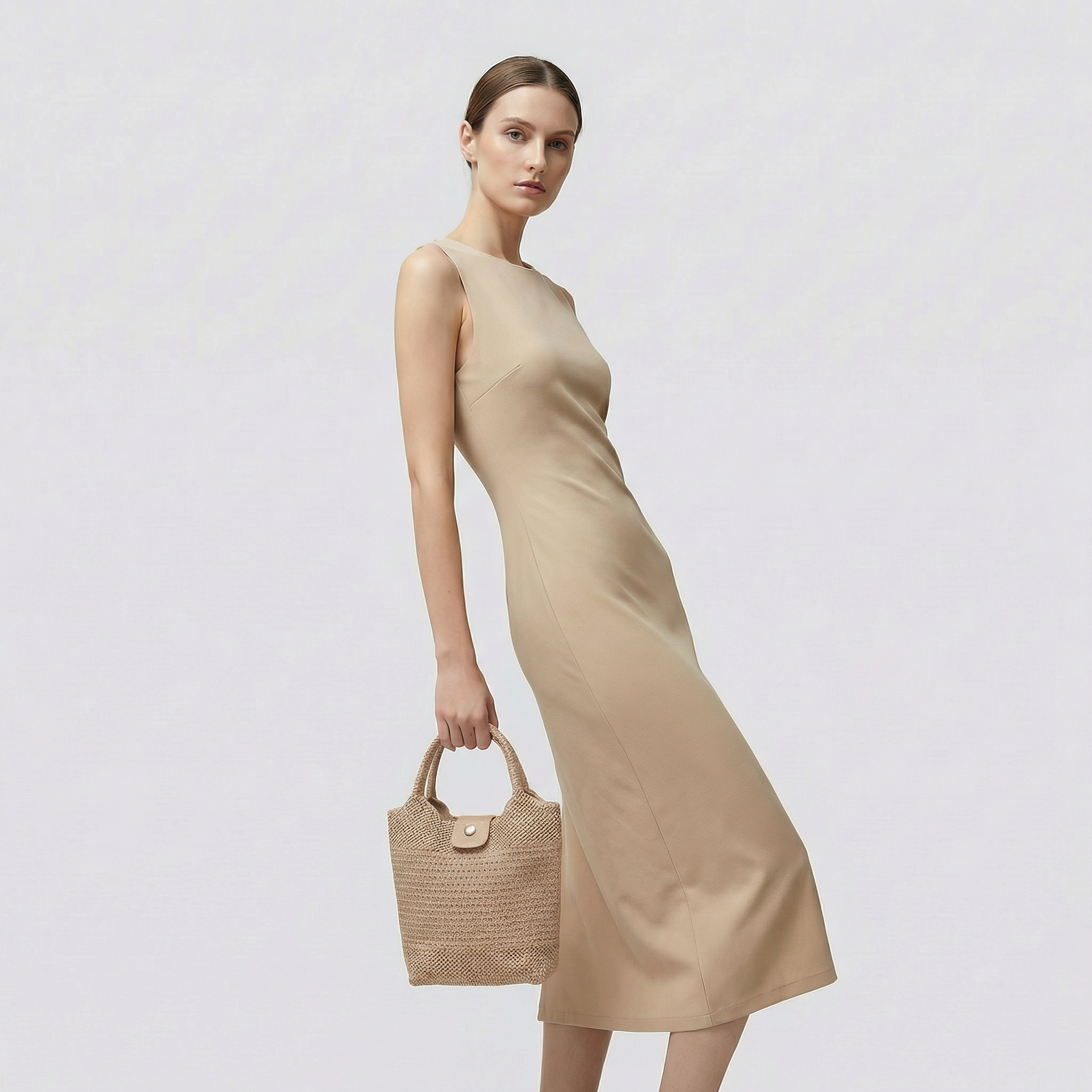 Natural woven mini beach tote bag carried by hand with a neutral summer look