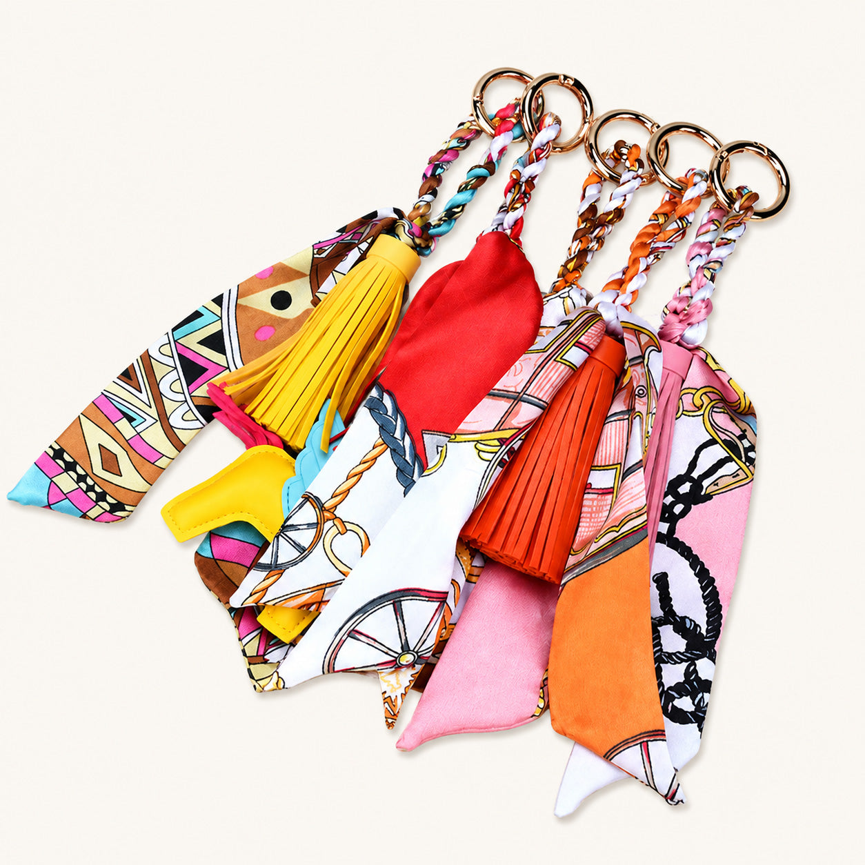 Tassel bow scarf bag charms in assorted colors and prints