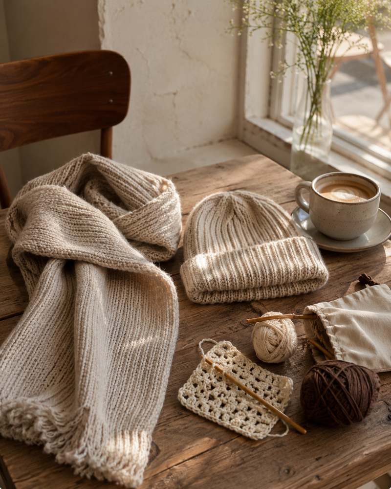 Soft accessories including knit pieces and small crochet details