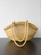 Soft yellow handwoven genuine leather tote bag back view