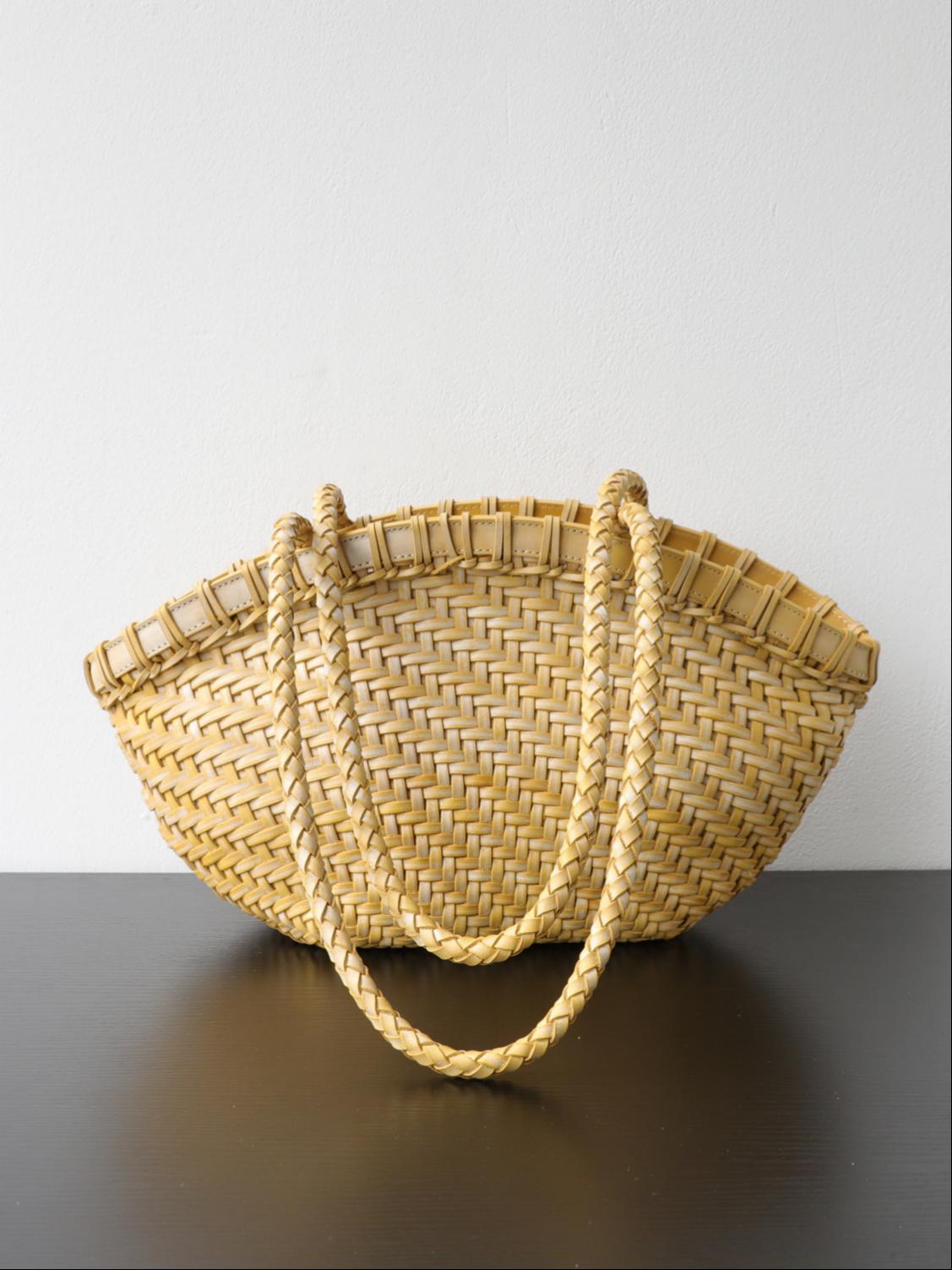 Soft yellow handwoven genuine leather tote bag back view