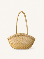 Soft yellow handwoven genuine leather tote bag full front view