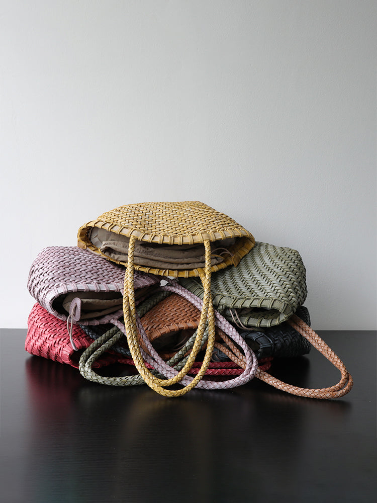 Handwoven genuine leather tote bag color options stacked