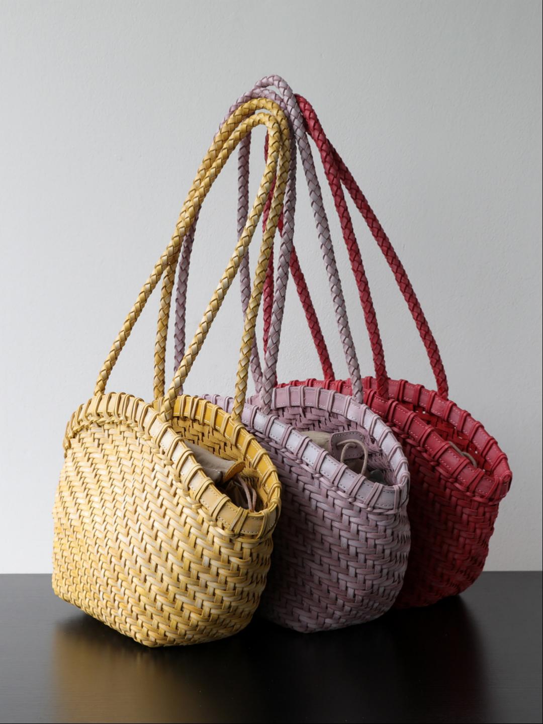 Handwoven genuine leather tote bag multi color lifestyle view