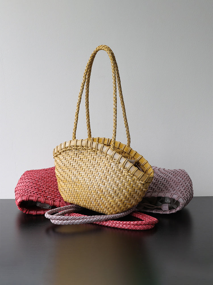 Handwoven genuine leather tote bag shown in multiple colors