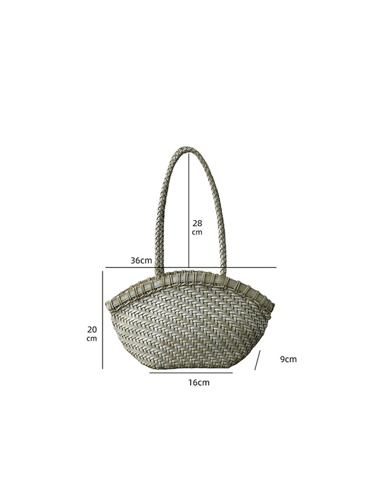 Handwoven genuine leather tote bag size chart with dimensions