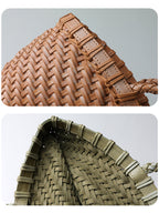 Handwoven genuine leather tote bag weave and interior detail
