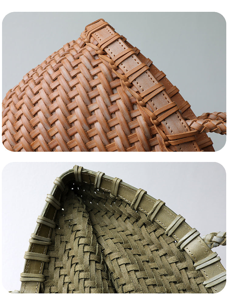Handwoven genuine leather tote bag weave and interior detail