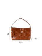 Exact dimensions of the brown genuine leather woven tote bag, measuring 34.5cm in width and 24cm in height.
