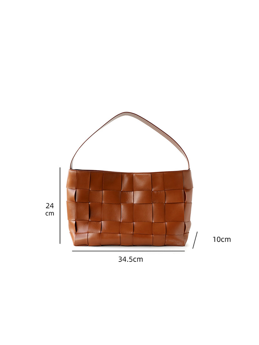 Exact dimensions of the brown genuine leather woven tote bag, measuring 34.5cm in width and 24cm in height.