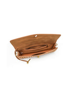 Interior view of the vegan leather woven clutch showing a secure zipper pocket and organized slip compartments.