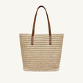 Woven paper straw tote bag with zip top and single shoulder handle, front view