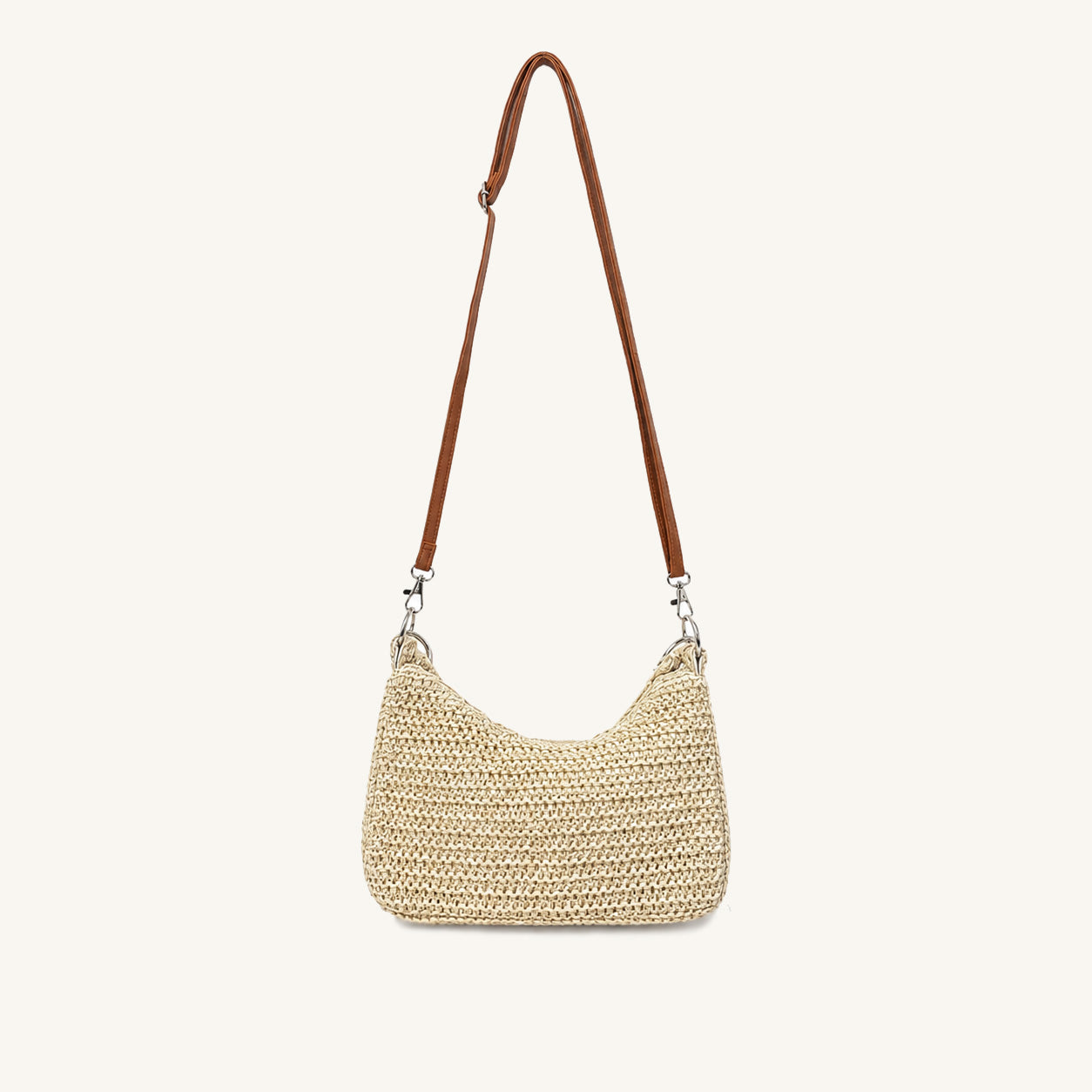 Natural woven straw crossbody beach bag with slim shoulder strap