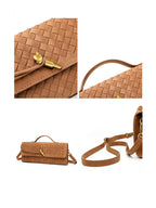 Detailed collage showing the premium gold knot clasp hardware, sturdy top handle, and adjustable strap of the woven vegan leather bag.
