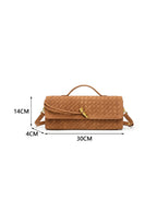 Exact dimension guide for the woven vegan leather baguette bag, measuring 30cm wide, 14cm high, and 4cm deep.