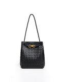Black woven vegan leather bucket bag for women with braided strap and gold-tone drawstring accent