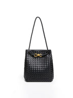 Black woven vegan leather bucket bag for women with braided strap and gold-tone drawstring accent