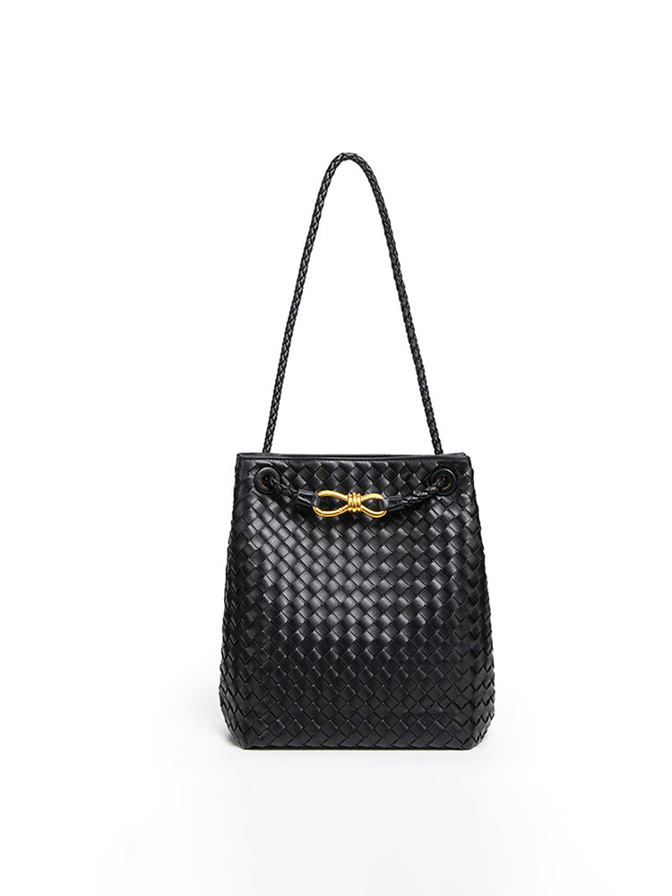 Black woven vegan leather bucket bag for women with braided strap and gold-tone drawstring accent