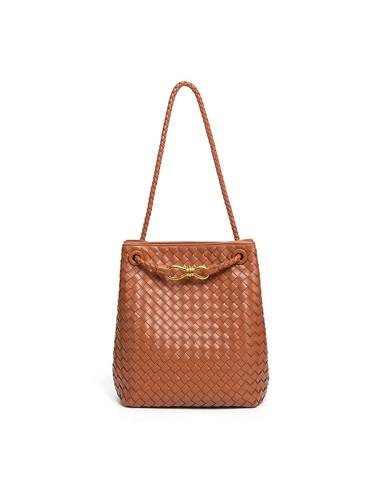 Caramel brown woven vegan leather shoulder bag with bucket silhouette and gold-tone detail