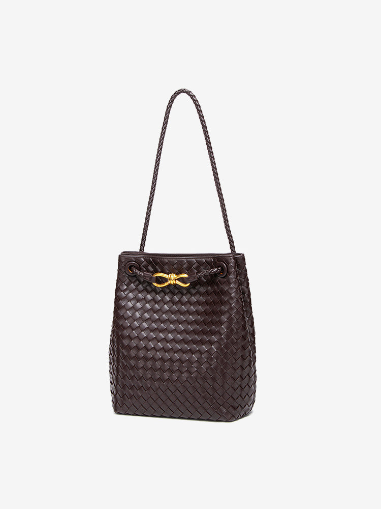 Chocolate brown woven vegan leather bucket bag with short braided shoulder strap and gold-tone accent