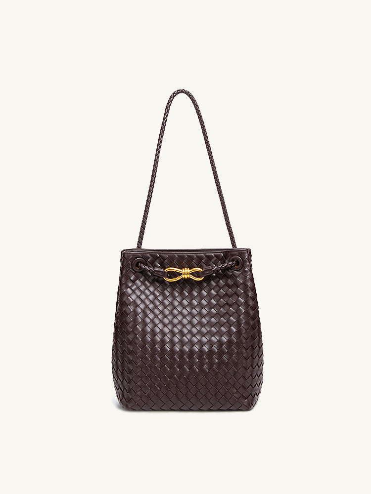 Chocolate brown woven vegan leather bucket bag with braided shoulder strap and gold-tone drawstring detail